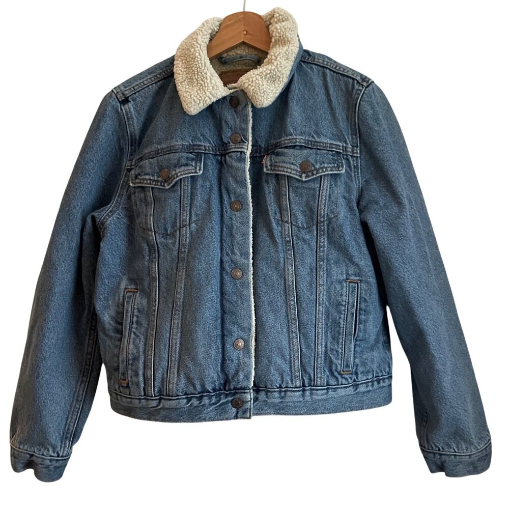 Levis Womens Sherpa Trucker Denim Jacket Size L Western Ranch Workwear Americana